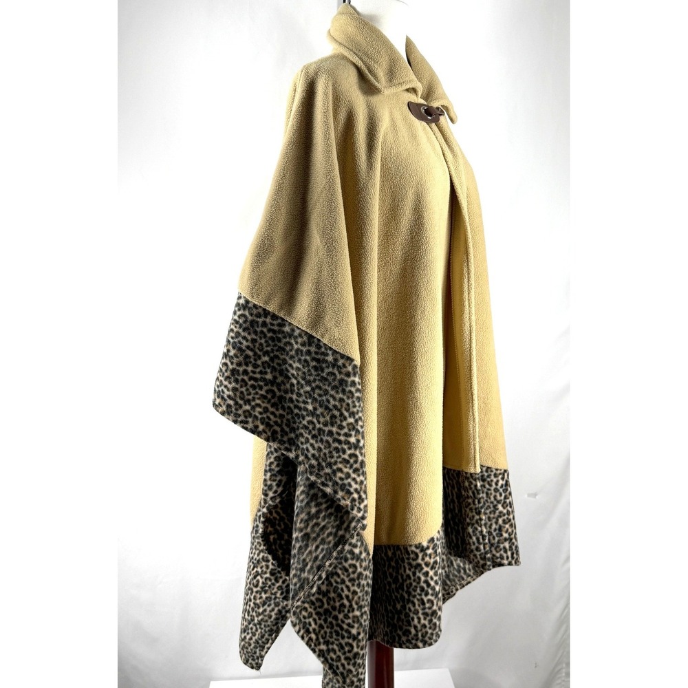 Le‎ Moda Camel Color Fleece Cape Poncho Leopard Print Trim Mob Wife Retro Chic - Picture 2 of 13